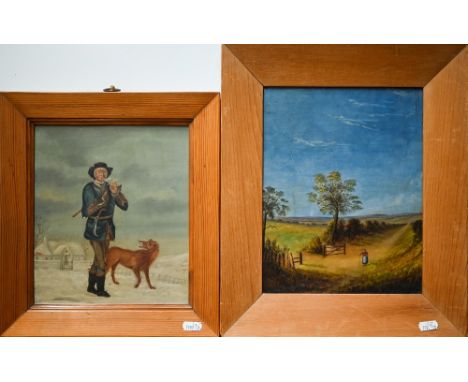 Continental school - Man smoking a pipe, a dog at feet, oil on panel, 23 x 19 cm to/w Naive English school - Figure walking a