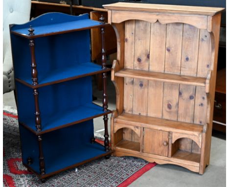 A stained pine spice rack 58 x 20 x 88 cm to/w mahogany four-tier open bookcase/dispay shelves (2) 