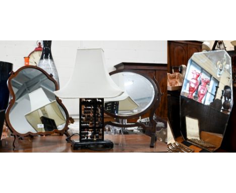 Two Edwardian walnut framed dressing table mirrors to/w ebonised 'abacus' lamp and 1950s bevelled wall mirror (4) 