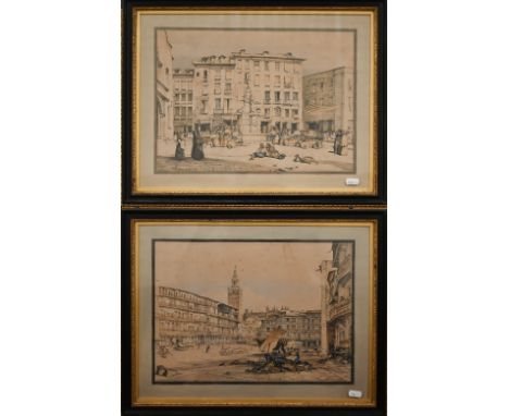 Two lithograph of Spanish city scenes Madrid and Seville, 25.5 x 36 cm (2) 