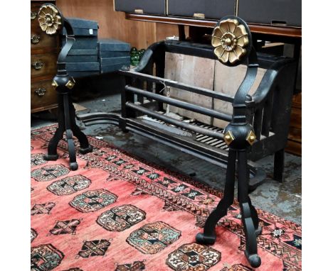 A large substantial Arts &amp; Crafts style fire basket, brass mounted, the integral brick fireback with horizontal basket ra