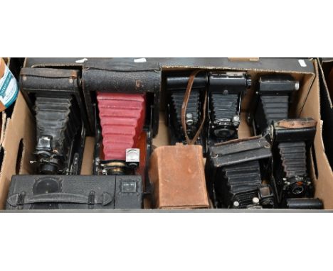 Seven vintage cameras, including Houghton's Ensign 'Klito' No. 1 box camera, F D 'Klimax' for Harrods ¼ plate folding camera 