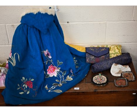 A Child's Chinese floral-embroidered padded cloak with fur-trimmed hood, to/w three vintage evening bags, two embroidered sil