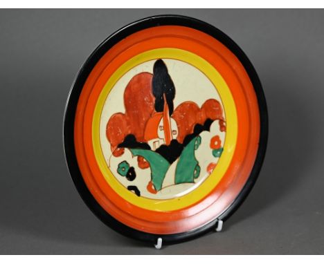 A Clarice Cliff Bizarre tea plate, painted with 'Farmhouse' pattern, 19 cm, impressed '34' on reverse Some scuffing to paintw