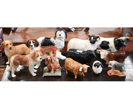 A Beswick Aberdeen Angus bull 20 cm long, to/w a Coopercraft bull and ram, two other bulls and a ram; lot also includes two M