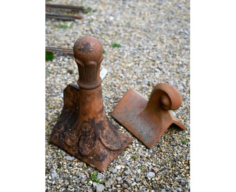 A weathered terracotta ball head finial ridge tile to/with a scroll finial ridge tile, a/f (2) 