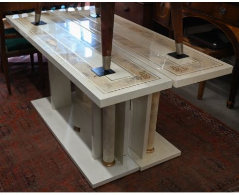 A pair of simulated marble Italian style console tables with classical column supports, 150 x 38 x 70 cm high 