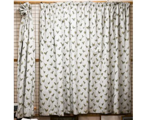 A pair of interlined curtains embroidered with hens and roosters, each 183 x 230cm 