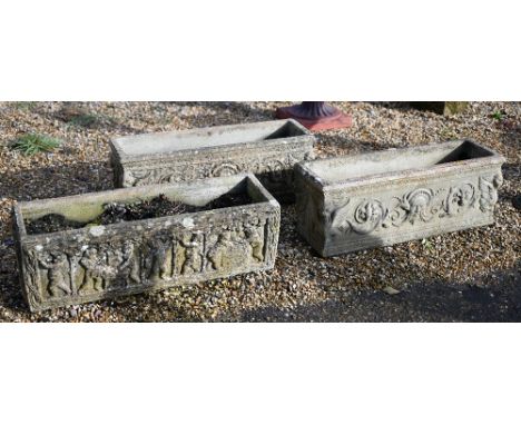 A pair of weathered cast stone planter troughs to/w another (3) 