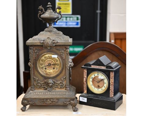 A German brass cased mantel clock striking on a coiled gong 50 cm high oevrall to/w a slated marble timepiece (2) 
