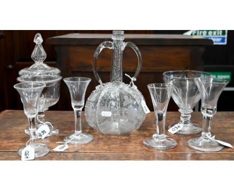 A Georgian drinking glass with bell bowl, with bubble to base, plain stem and domed foot with folded rim, 14 cm high, to/w tw