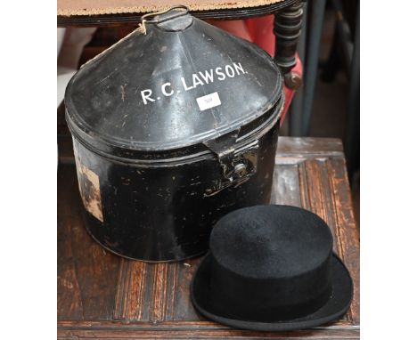 A vintage japanned tin hat-box named for R C Lawson, to/w a lady rider's top-hat by S. Patey (London) Ltd and an Asian painte