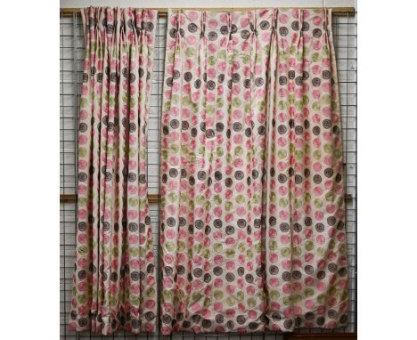 A pair of satin interlined curtains, embroidered with spiral coloured dots, 210 cm high x 106 cm wide each 