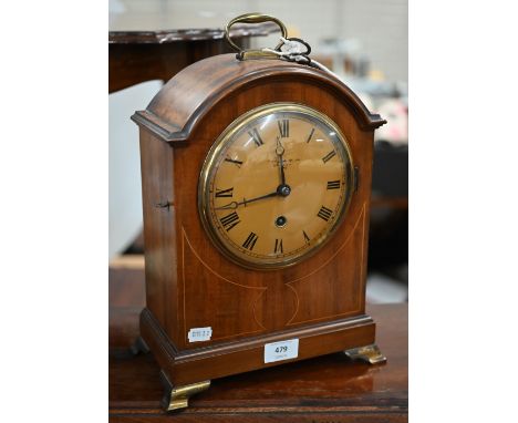 An inlaid mahogany mantel timepiece with German movement, retailed by Maple &amp; Co. (London), 37 cm high bracket clock 