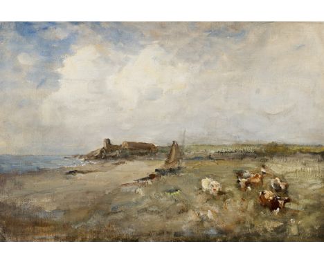 Nathaniel Hone RHA (1831 - 1917)Cattle in Pasture by the coast at Malahide, County Dublin, with a view of the Martello Tower,
