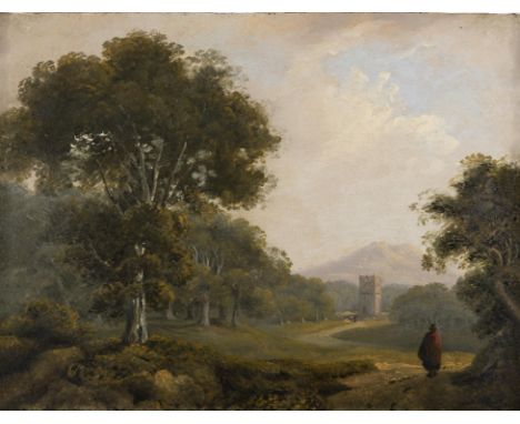 James Arthur O'Connor (1792 - 1841) Wooded Landscape with Figure in Red, Tower in the Distance Oil on board, 17.5 x 22.5cm (7