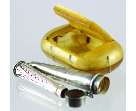 SNUFF BOX. Horn snuff box 2.5ins long. Plus silver cigarette holder in silver case. (2) NR