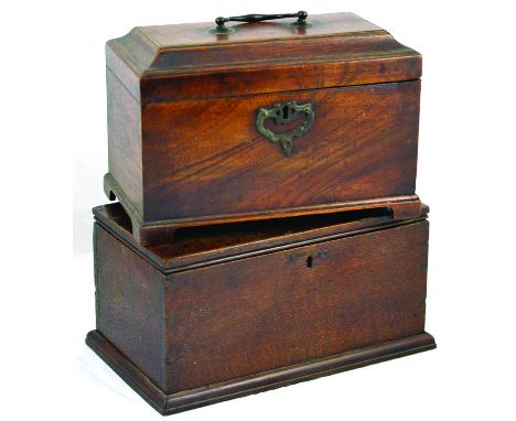 TEA CADDY (?). With brass carrying handle 6.5 by 9ins. Plus oak wooden box 9.75 by 5.25ins. (2) NR