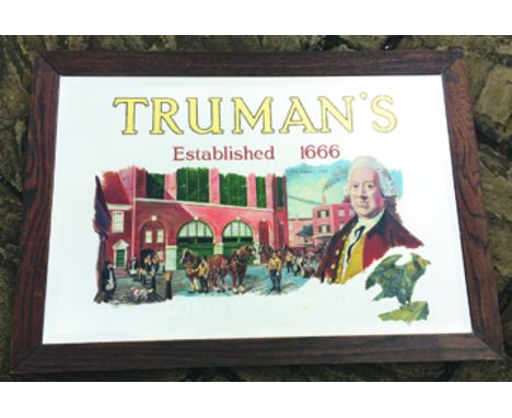 TRUMANS FRAMED PUB MIRROR. 34 by 24ins, TRUMANS/ ESTABLISHED 1666 in gold & red lettering, coloured image of the brewery in 1