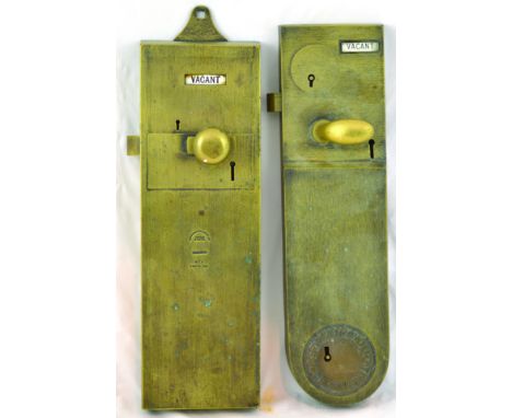 PAIR HEAVY BRASS TOILET LOCKS. PARKER WINDER & ACHURCH BIRMINGHAM & LOCKERBIE & WILKINSON/ TIPTON/ STAFFS. (2) NR