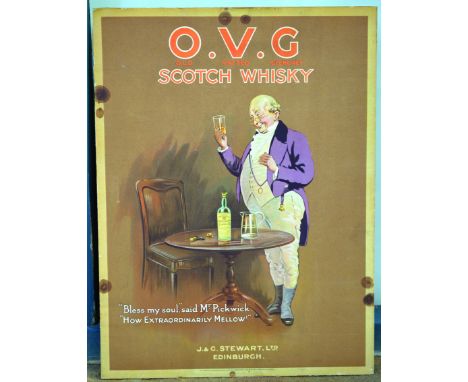 O.V.G. SCOTCH WHISKY MULTICOL'D SHOWCARD. 20 by 15ins, O.V.G./ OLD VATTED GLENLIVET/ SCOTCH WHISKY Mr Pickwick pictured takin
