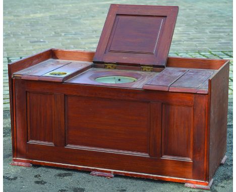 CHEST COMMODE. 23.5 by 45 by 22ins, deep mahogany commode, middle section lifts to reveal ceramic toilet B. DUNBAR flushing s