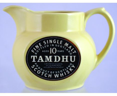 TAMDHU SCOTCH WHISKY PUB JUG. 4.5ins tall, cream glaze body FINE SINGLE MALT AGED 10 YEARS/ TAMDHU/ PRODUCT OF SCOTLAND/ SCOT