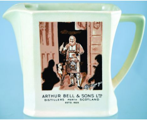 BELL'S SCOTCH WHISKY PUB JUG. 5ins tall, off white glaze, sepia transfer. Scottish Laird with his dog pictured ARTHUR BELL &a