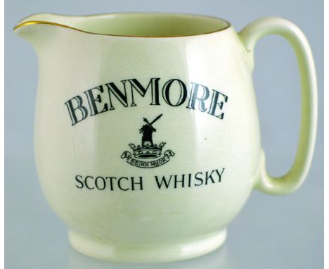 BENMORE PUB JUG. 4ins tall, white glaze body, black transfer BENMORE/ SCOTCH WHISKY both sides. Very good. NR
