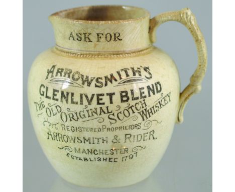 ARROWSMITHS & RIDER PUB JUG. 4.5ins tall, white glaze, black transfer ASK FOR/ ARROWSMITHS/ GLENLIVET BLEND/ THE OLD ORIGINAL