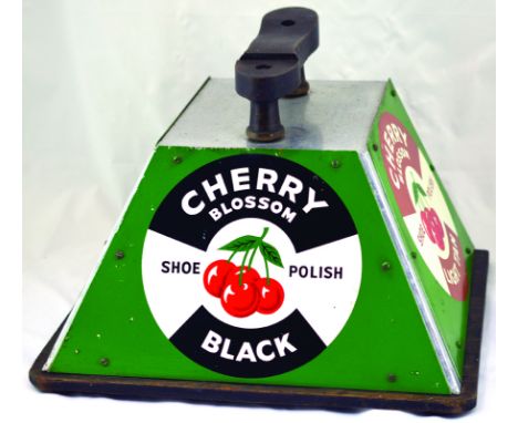 CHERRY BLOSSOM SHOE SHINE STAND. 11.5ins tall to top of wood shoe stand 16.5ins wide, 13.5ins deep, sloping front with 3 tin 