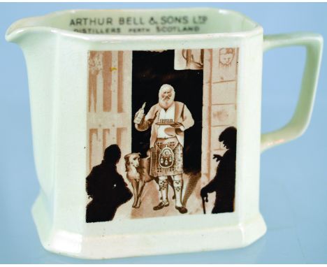 BELL'S SCOTCH WHISKY PUB JUG. 4ins tall, off white glaze with sepia pictorial transfer with Scottish Laird &amp; his dog pict