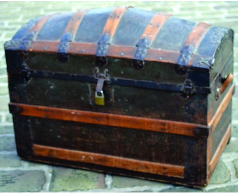 LARGE BOW TOP TRUNK. 26 by 35 by 18ins, wood &amp; metal construction with fancy strap work &amp; original, colourful, lined,