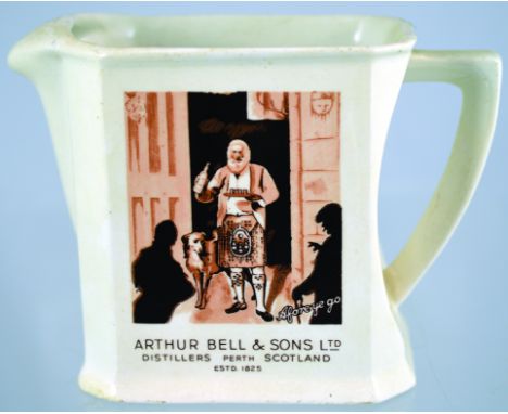 BELL'S SCOTCH WHISKY PUB JUG. 5ins tall, off white glaze, sepia transfer. Scottish Laird with his dog pictured ARTHUR BELL &a