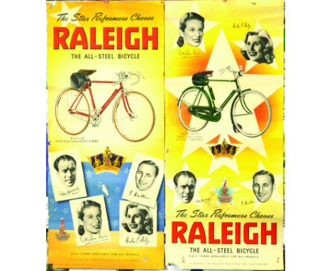 RALEIGH BICYCLES MULTICOLD POSTERS. 29 by 12.5ins, THE STAR PERFORMERS CHOOSE RALEIGH/ THE ALL STEEL BICYCLE with photographs