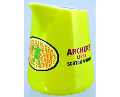 ARCHERS SCOTCH WHISKY PUB JUG. 5ins tall, yellow body, red &amp; black print ARCHER'S LIGHT/ SCOTCH WHISKY both sides with ar