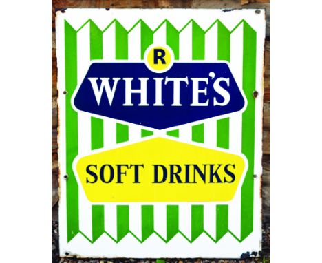 R. WHITES ENAMEL SIGN. 25 by 20.5ins, R./ WHITES/ SOFT DRINKS green, yellow, blue on white background. Outer edge chips etc. 