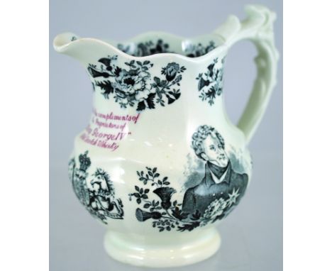 KING GEORGE THE IV SCOTCH WHISKY PUB JUG. 6ins tall, white glaze, black transfer TO THE MEMORY OF/ HIS LATE MAJESTY/ KING GEO