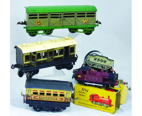 MODEL RAILWAY ITEMS. Cattle wagon & (2) coaches. Plus boxed Budgie railway engine, clock work parts & flat bed wagon. (8) NR