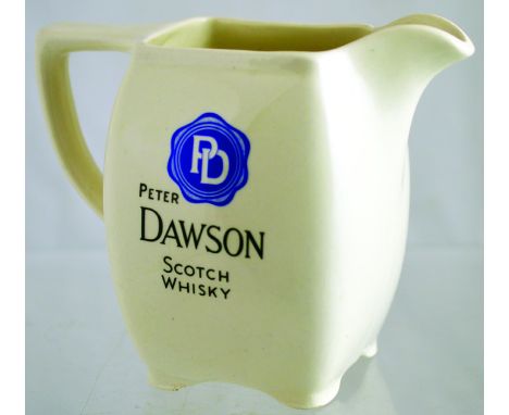 PETER DAWSON SCOTCH WHISKY PUB JUG. 5.25ins tall, white glaze PETER DAWSON/ SCOTCH/ WHISKY in black lettering with PD logo ab