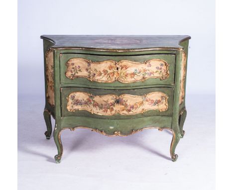 A VENETIAN PAINTED COMMODE 18TH/19TH CENTURY  The serpentine top above two drawers on cabriole legs, the top drawer fronts an