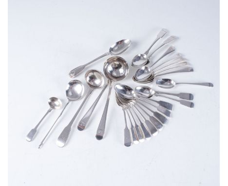 MISCELLANEOUS GROUP OF SILVER FLATWARE Various makers and dates, comprising a pair of bright-cut sauce ladles, crested, 18th 
