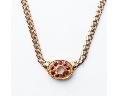 A RUBY PENDANT Pavé-set to the center with 9 round brilliant-cut rubies weighing approximately 1,00 carats, in an 18ct gold o