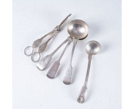 THREE SILVER SAUCE LADLES, A SUGAR SIFTER AND A PAIR PLATED GRAPE SCISSORS Comprising a pair of ladles, William Eley, London 