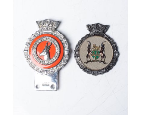 A PAIR OF CAR BADGES - UNION OF SOUTH AFRICA JR GAUNT Birmingham 20th century, 12cm in height&nbsp; Enamel center with leaf b