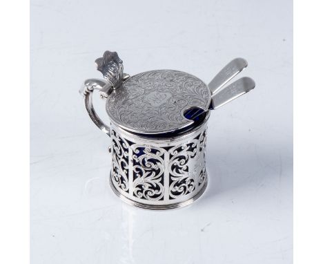 VICTORIAN SILVER MUSTARD POT AND TWO SPOONS  George Unite, Birmingham 1855, the drum-shaped body pierced with scrolling leave