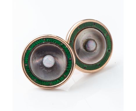 A PAIR OF EARRINGS  Green enamel and opal center in 9ct rose gold, circa 1930 