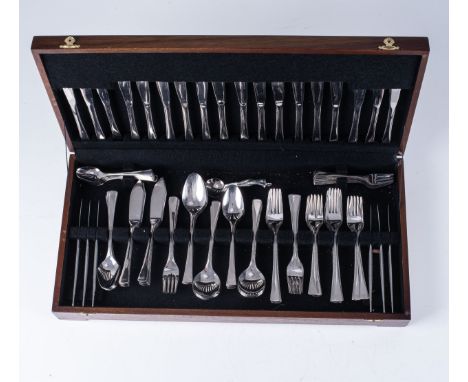 CANTEEN OF GERMAN STAINLESS STEEL CUTLERY   Modern, with beaded borders, comprising: 12 table forks, 12 dessert knives, 12 de