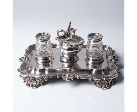 A VICTORIAN SILVER INKSTAND&nbsp; Robinson, Edkins &amp; Aston, Birmingham 1844, the rectangular stand with moulded leaf- and