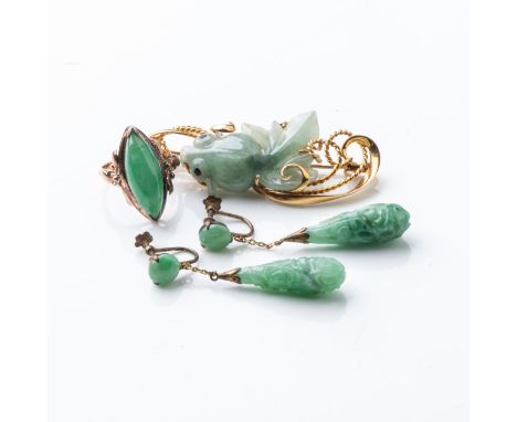 A COLLECTION OF JADE JEWELLERY   Including a gold-plated swirl brooch, a pair of jade and silver drop earrings, and a 9ct gol